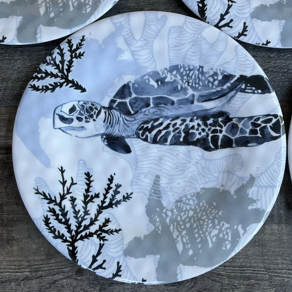 Marine Sea Turtle Melamine Dinner Plate Set 8- 11" Round Plates Nautical Coastal - Picture 1 of 9